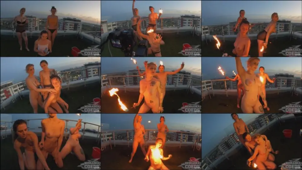 NebraskaCoeds — Lea, Melonie, Rebeka Ruby — Rooftop Fire Dancing [FullHD 1080p]