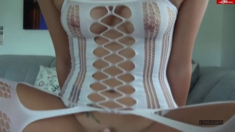 Sultry Blonde in White Mesh Bodysuit Ride | Doppelorgasmus Scene
